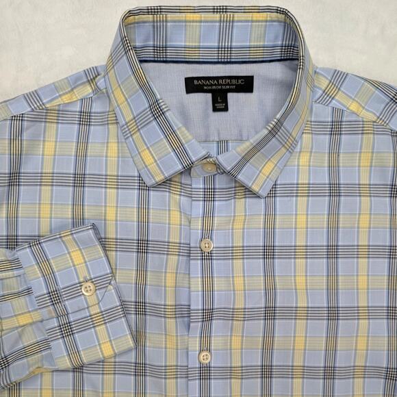 Banana Republic Non-Iron Slim Fit Mens Button Down Shirt Large Blue Yellow Plaid - Picture 1 of 7